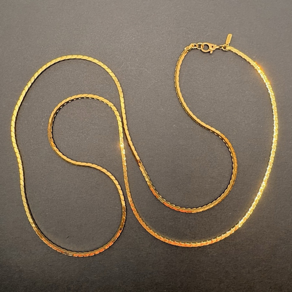 Vintage Monet Gold Tone Herringbone Box Cube Chain Long Necklace 30" Minimalist